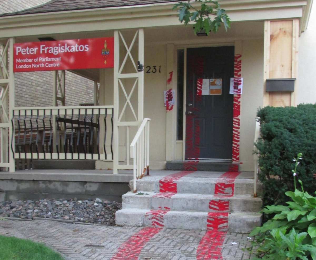 The outside of MP Peter Fragiskatos' office as seen Aug. 9, 2021.