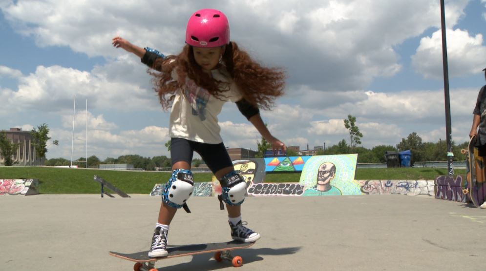 6-year-old skateboarder and ‘Babes Brigade’ student, Sydney Yeeshuy showing off her skating chops at Beach Skateboard Park near Ashbridges Bay in Toronto.