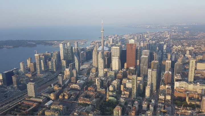 Aerial view of Toronto city skyline and the CN tower.