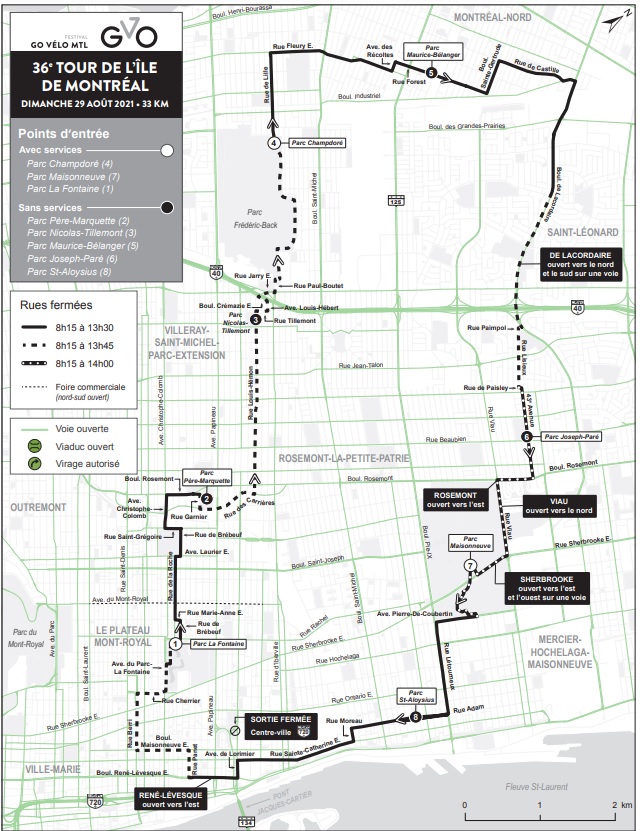 Sunday’s Tour de l’Ïle will have cyclists ride through eight boroughs. Vélo Québec