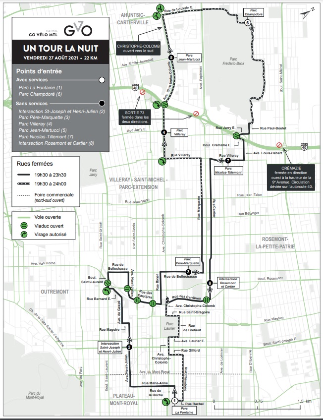 The map shows the itinerary for the Tour la Nuit. Vélo Québec