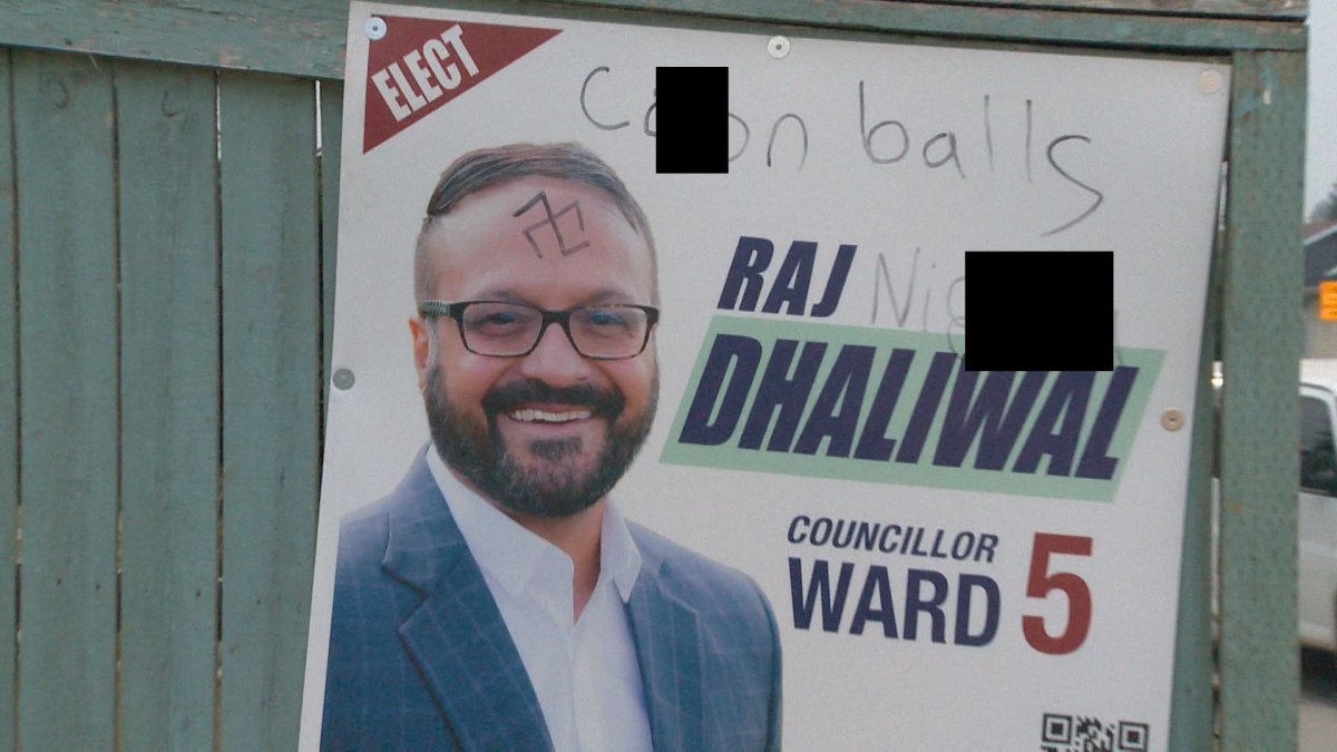 Calgary Ward 5 candidate Raj Dhaliwal's sign was vandalized. 