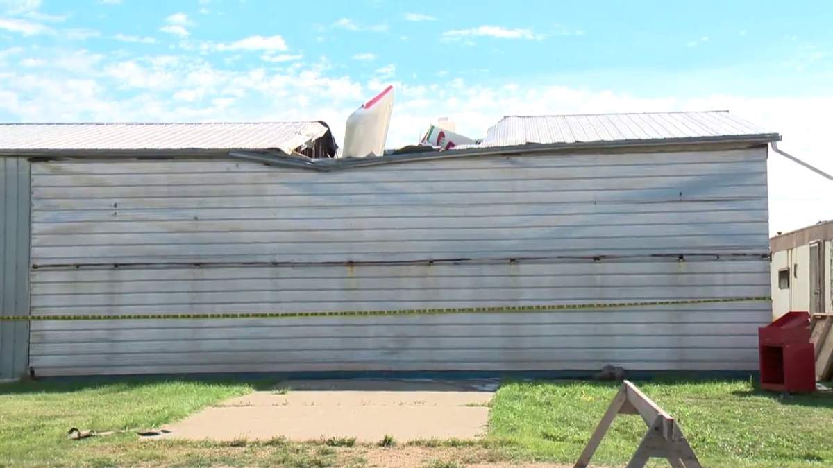 An ultralight aircraft crashed into a hangar at Westlock Regional Airport Monday, Aug. 30, 2021.