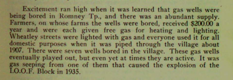 A brief mention in a Kent Historical Society book from the 1950s of an explosion in Wheatley, Ont., in the 1930s that was caused by gas seeping from an abandoned well.