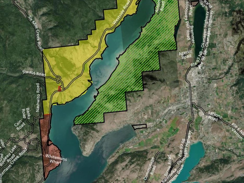 A map from the Okanagan Indian Band showing areas of rescinded evacuation alerts (green) plus active evacuation alerts (yellow) and orders (red) because of the nearby White Rock Lake wildfire. The massive blaze is considered being held, but it’s still active and is estimated at 83,342 hectares.