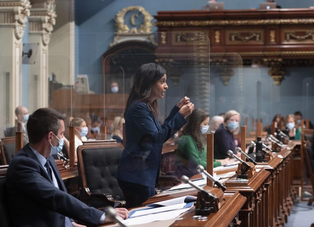 Quebec Liberal Leader Dominique Anglade questions Premier Legault during question period Tuesday, Sept. 14, 2021, at the legislature in Quebec City. 