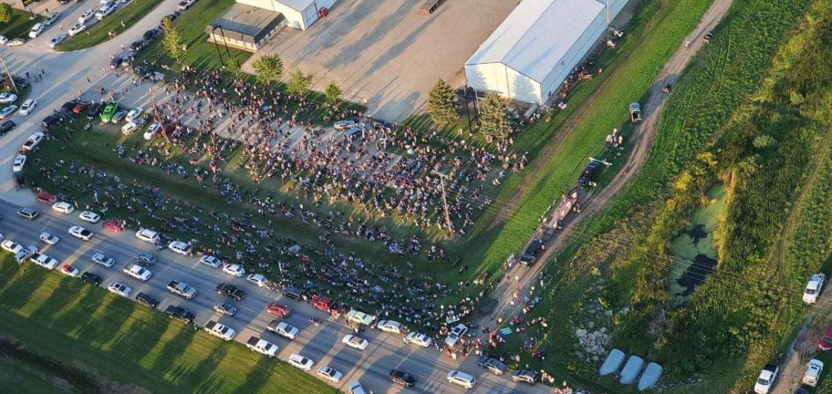 People gathered in Winkler at a public health protest on Sunday, Aug. 29, 2021.