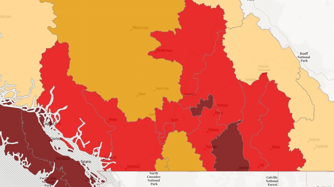 A map showing drought levels across southern B.C. 