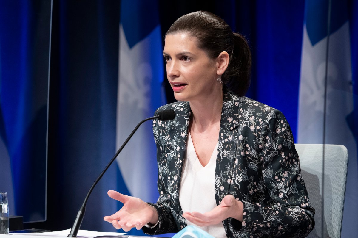 Quebec Deputy premier and Public Security Minister Genevieve Guilbault speaks at a news conference in Quebec City, Thursday, April 29, 2021. 