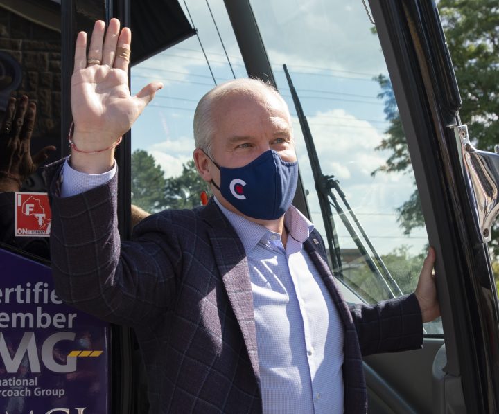 Conservative Leader Erin O’Toole waves as he arrives for a campaign stop Monday, August 30, 2021  in Markham, Ontario.