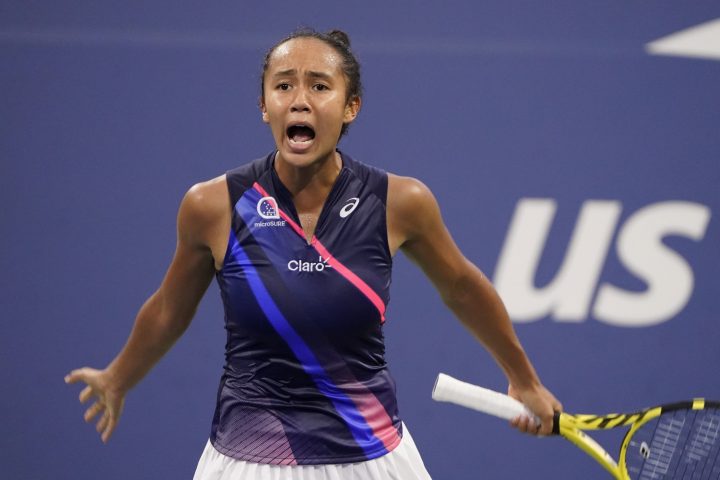 Leylah Fernandez, of Canada, reacts as she plays Angelique Kerber, of Germany, during the fourth round of the US Open tennis championships, Sunday, Sept. 5, 2021, in New York. 