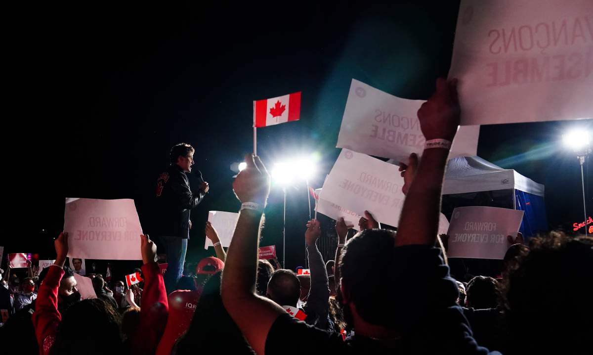 Liberal Leader Justin Trudeau holds a campaign rally at a drive-in theatre in Oakville, Ont., Sunday, Sept. 12, 2021. 