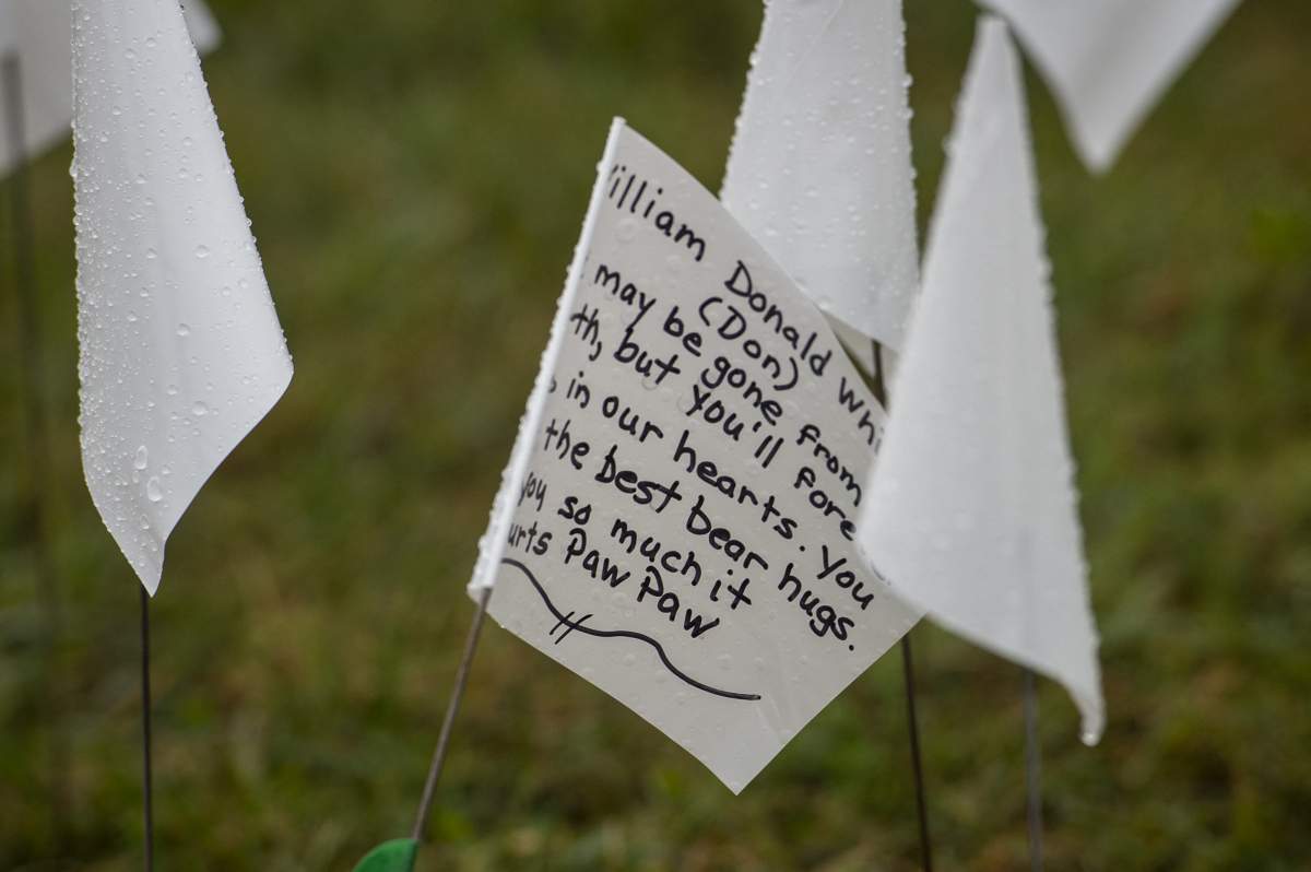 A message of memorial is written on one of the 660,000 white flags, representing the number of US lives lost to Covid-19, on the National Mall in Washington, DC, USA, Thursday, September 16, 2021. The project, by artist Suzanne Brennan Firstenberg, titled ‘In America: Remember’, will be on display September 17, 2021 through October 3, 2021. Photo by Rod Lamkey/CNP/ABACAPRESS.COM