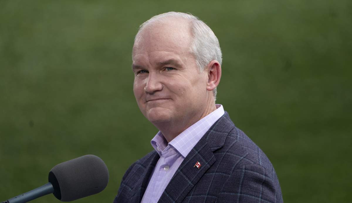 Conservative leader Erin O'Toole looks towards reporters as he listens to a question during a campaign stop at a vineyard Friday, September 17, 2021 in London, Ontario. THE CANADIAN PRESS/Adrian Wyld.
