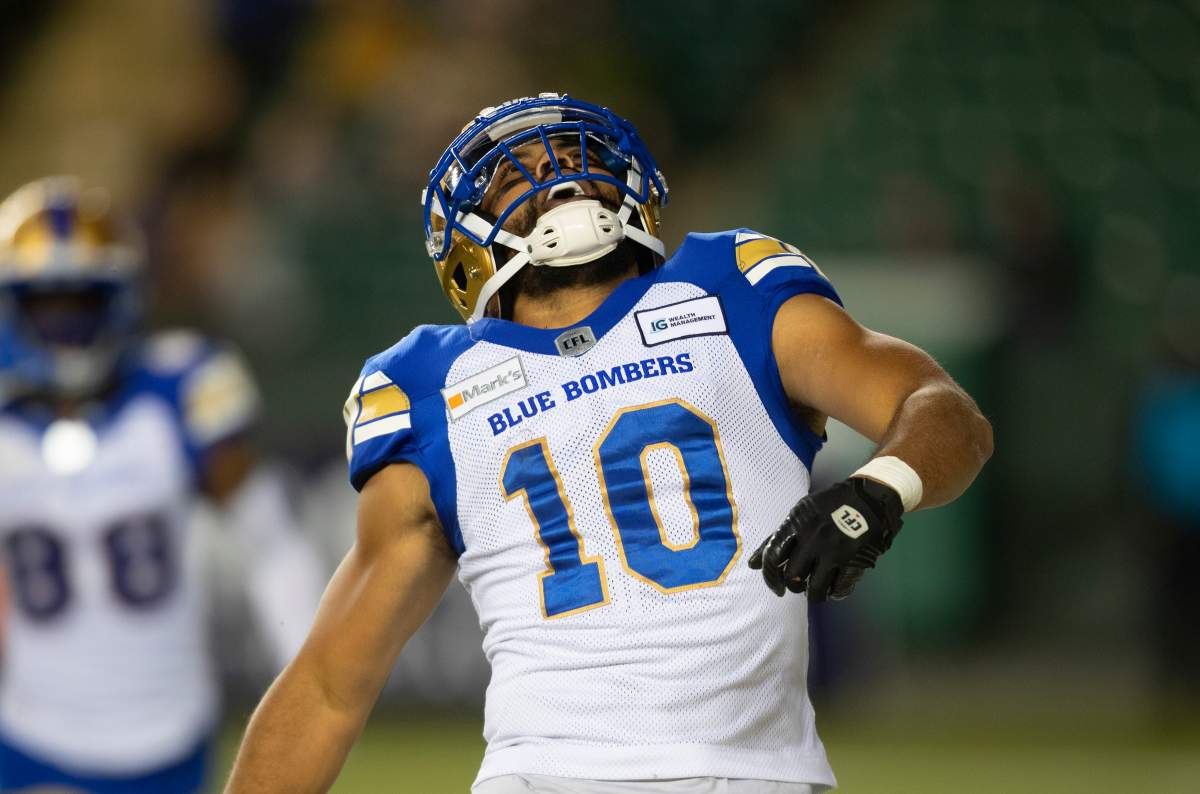 Winnipeg Blue Bombers’ Nic Demski (10) celebrates a touchdown against the Edmonton Elks during first half CFL action in Edmonton, Alta., on Saturday, September 18, 2021.