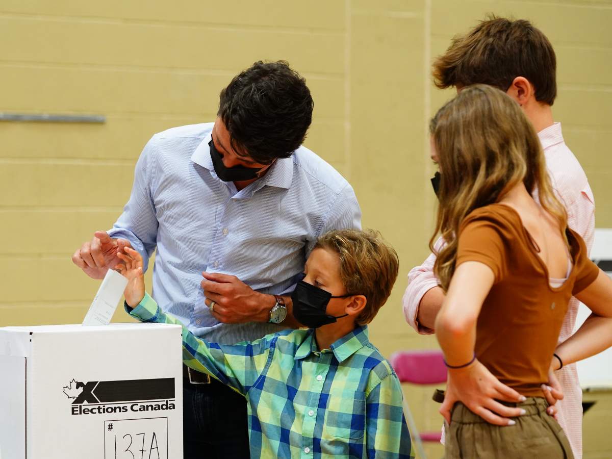 Liberal Leader Justin Trudeau casts his ballot in the 44th general federal election as he’s joined by his children, Xavier, Ella-Grace and Hadrien in his riding of Papineau, Montreal on Monday, Sept. 20, 2021.