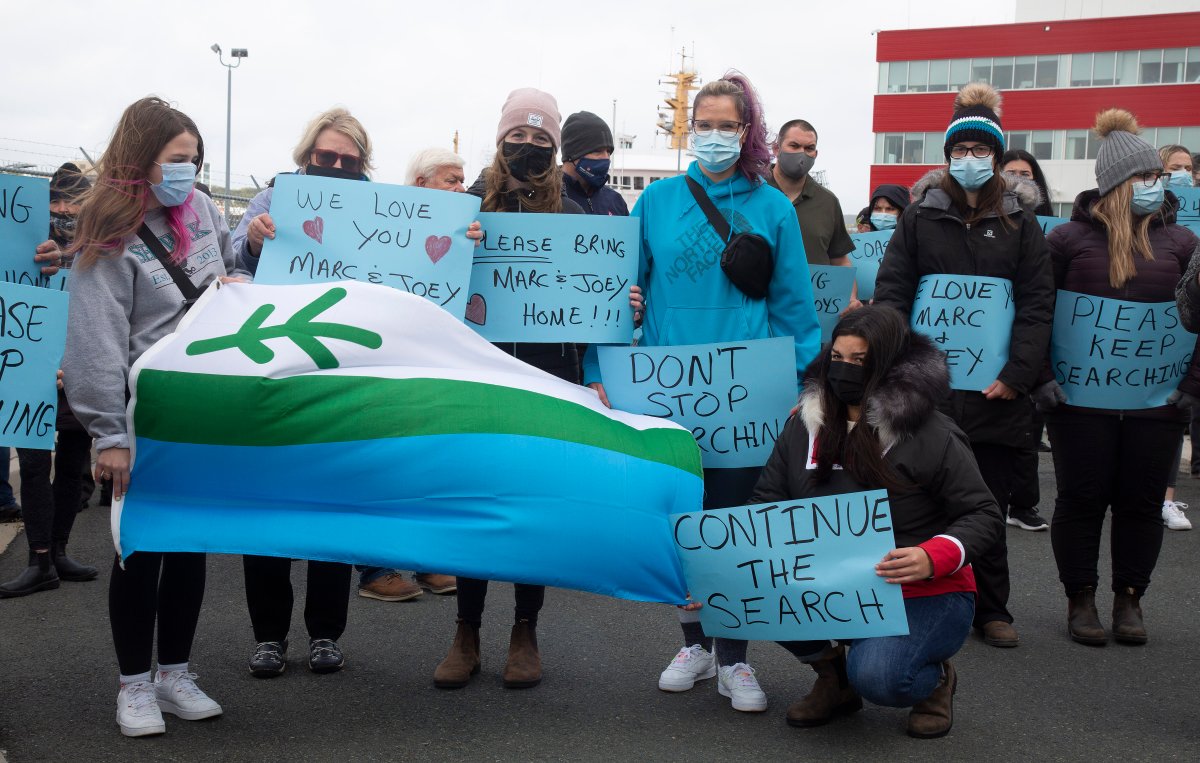 A demonstration is held at the Canadian Coast Guard station in St. John’s NL on Monday, September 20, 2021.  The group were protesting against the suspension of a search by the Joint Rescue Coordination Centre, after just 48 hours, for two young fishers missing off the coast of Labrador.  THE CANADIAN PRESS/Paul Daly.