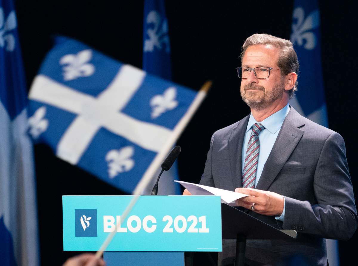 Bloc Quebecois leader Yves-Francois Blanchet speaks to supporters election night  Tuesday, September 21, 2021  in Montreal. 