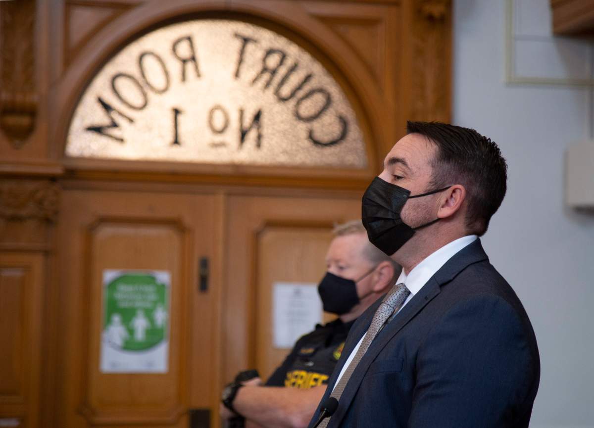 Royal Newfoundland Constabulary officer Douglas Snelgrove awaits his sentencing at the Newfoundland and Labrador Supreme Court in St.John's on Wednesday, September 29, 2021. Snelgrove was convicted in May of sexually assaulting a young woman in her home while on duty in 2014. 