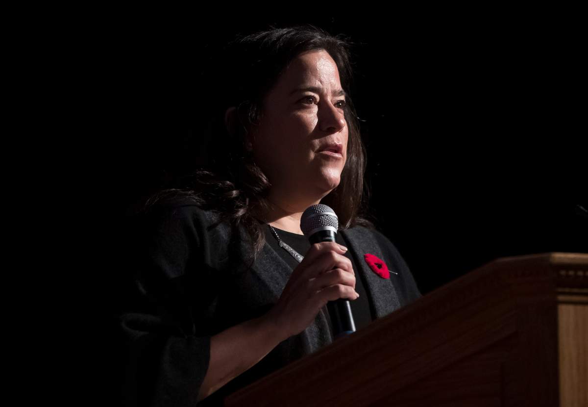 Independent MP for Vancouver-Granville Jody Wilson-Raybould speaks during a Remembrance Day ceremony before a plaque honouring Calgary Herald journalist Michelle Lang, who was killed while working in Afghanistan in 2009, is unveiled at her high school, Magee Secondary School, in Vancouver, on Thursday, Nov. 7, 2019.