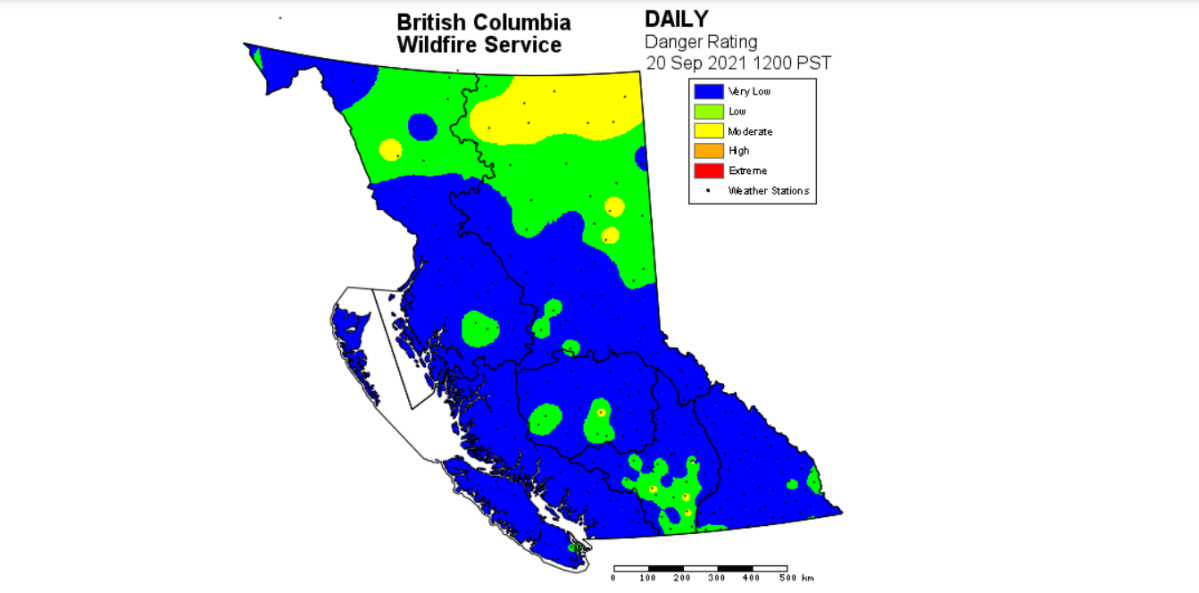 The fire danger rating drops as cooler, wetter fall-like conditions settle in across B.C.