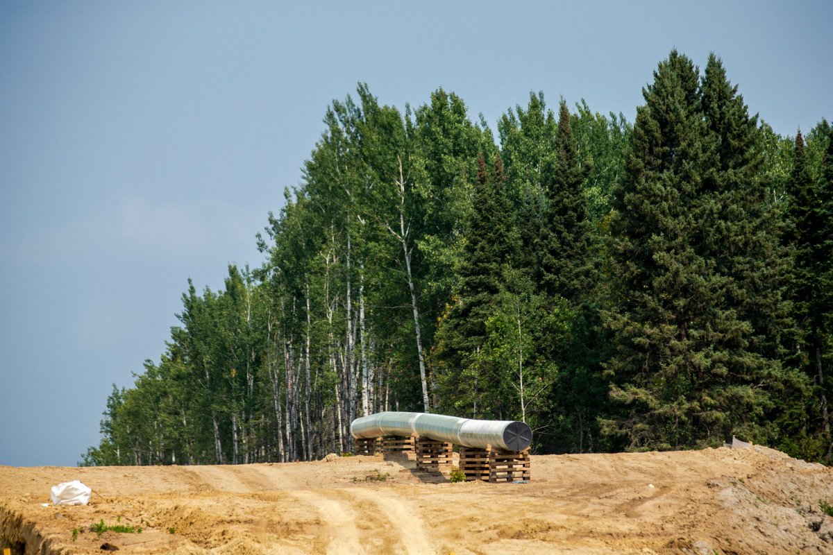 Sections of the Enbridge Line 3 pipeline are seen on the construction site near La Salle Lake State Park in Solway, Minnesota on August 7, 2021.