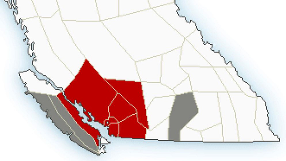 A map showing wind and rain warnings on Vancouver Island and the South Coast, plus a wind statement for the Okanagan. Environment Canada says southerly winds of 50 to 60 km/h, and possibly up to 80 km/h, are expected Friday afternoon and evening.
