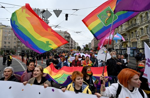LGBTQ+ activists march in the centre of the Ukrainian capital of Kiev during KyivPride-2021 on Sept. 19, 2021.
