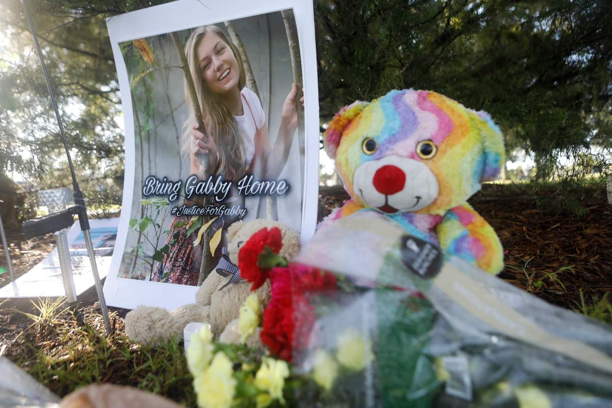 NORTH PORT, FL – SEPTEMBER 20: A makeshift memorial dedicated to missing woman Gabby Petito is located near City Hall on September 20, 2021 in North Port, Florida. A body has been found by authorities in Grand Teton National Park in Wyoming that fits the description of Petito, who went missing while on a cross-country trip with her boyfriend Brian Laundrie. (Photo by Octavio Jones/Getty Images)