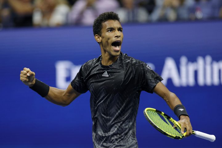 Felix Auger-Aliassime of Canada reacts against Carlos Alcaraz of Spain during his Men’s Singles quarterfinals match on September 07, 2021 in the Flushing neighborhood of the Queens borough of New York City.