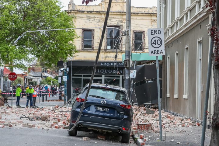 Damaged buildings along Chapel Street are seen following an earthquake on September 22, 2021 in Melbourne, Australia.