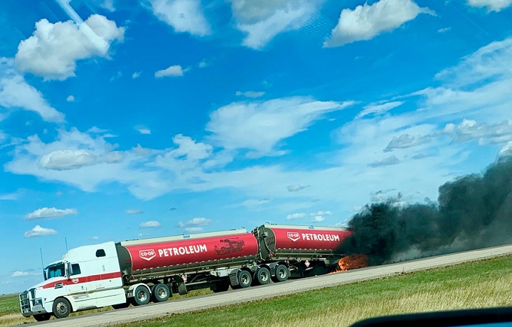 A submitted photo of a Co-op fuel delivery semi-truck on fire on Highway 11 near Chamberlain, Sask.