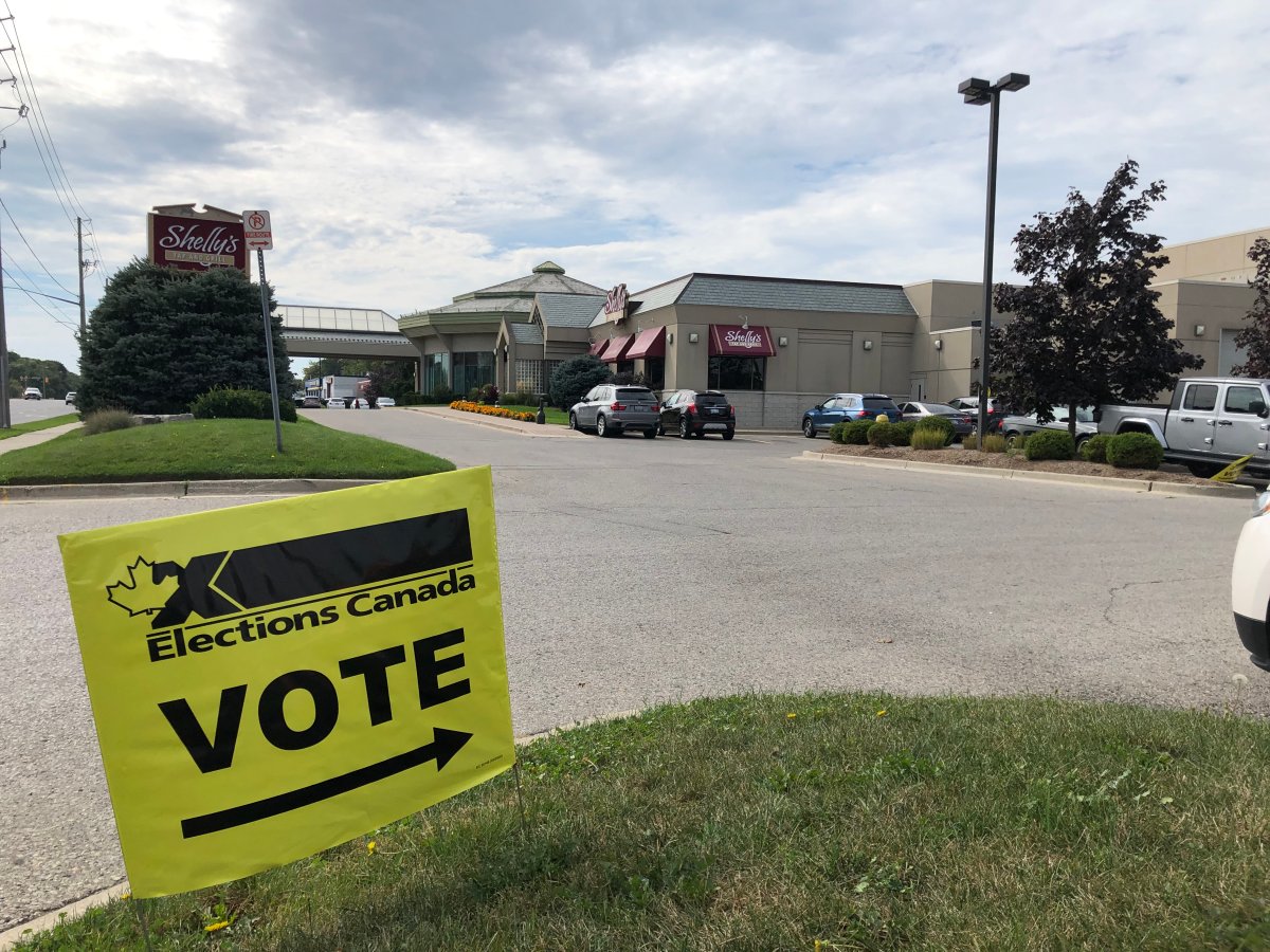An Elections Canada sign sits outside a hotel in south London, Ont., that's being used as a voting station in the 44th general election.