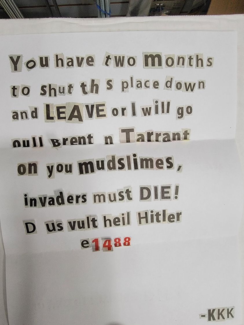 The Langley Islamic Centre shared a photo of the note it received.