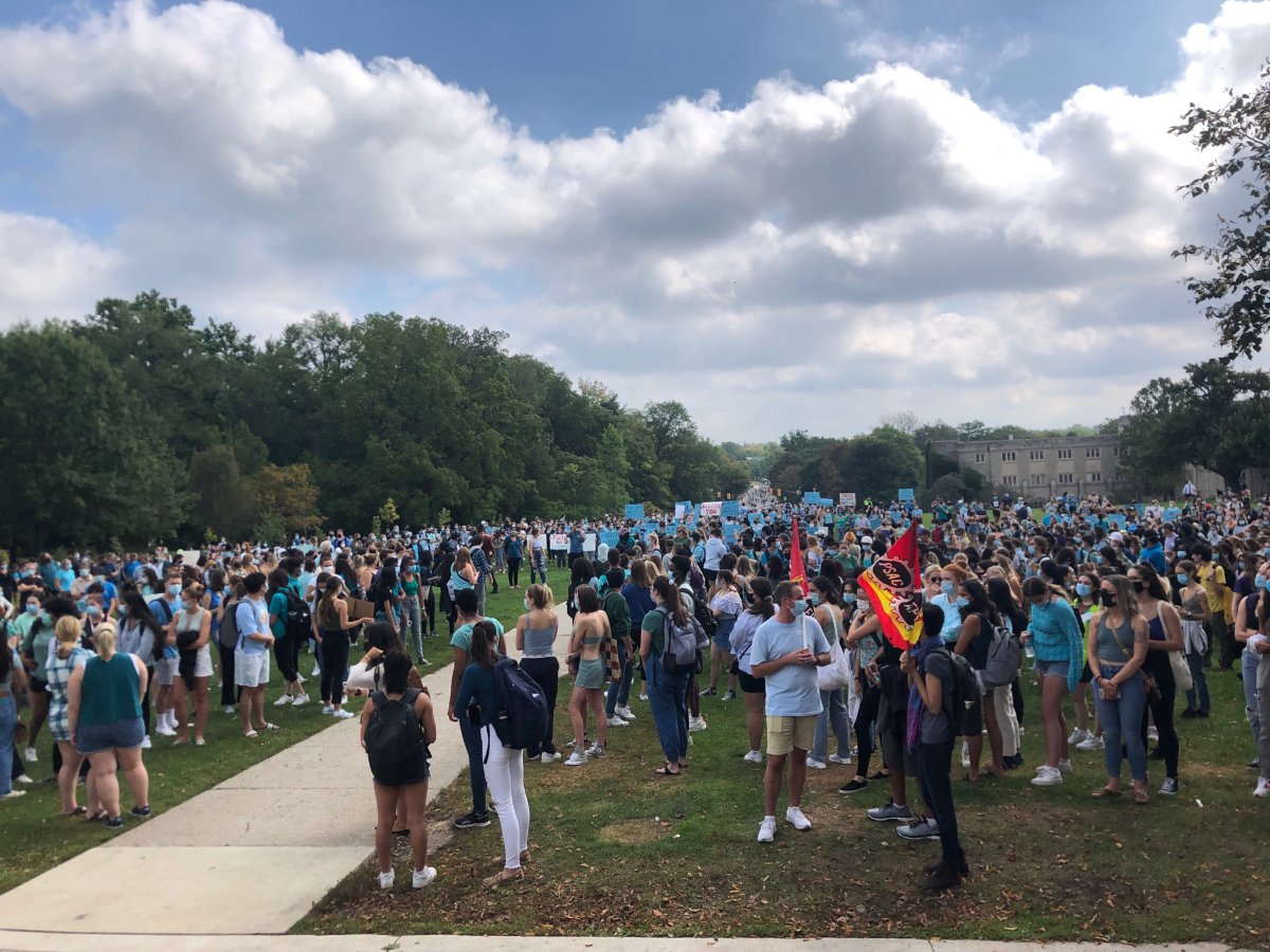 Students gathered on UC Hill for a walkout at Western University on Sept. 17, 2021.