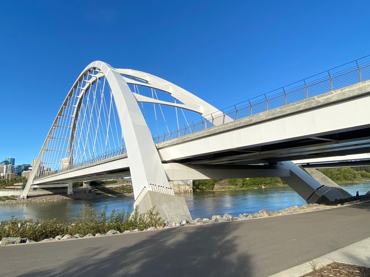 The Walterdale Bridge in Edmonton pictured on Monday, Sept. 6, 2021. Edmonton police were investigating the discovery of human remains under the bridge.