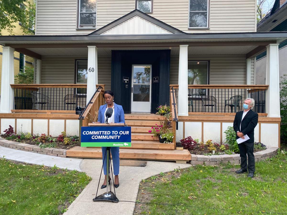Mental Health Minister Audrey Gordon speaks outside Tamarack Recovery Centre in Winnipeg.