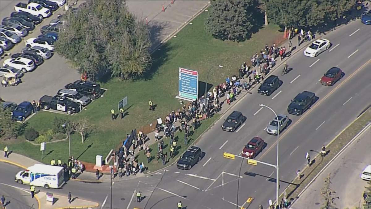 Protesters outside the Foothills Medical Centre in Calgary.