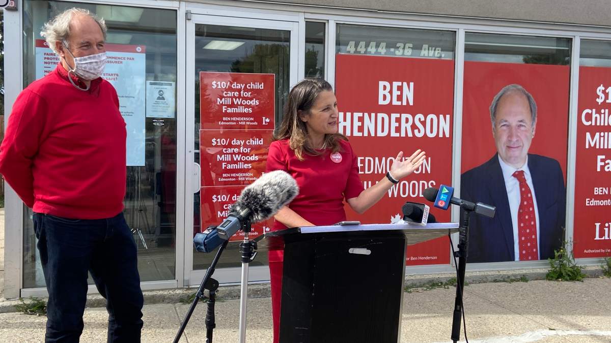 Liberal candidate Chrystia Freeland campaigns in Edmonton with Edmonton Mill Woods candidate Ben Henderson on Thursday, Sept. 19, 2021.