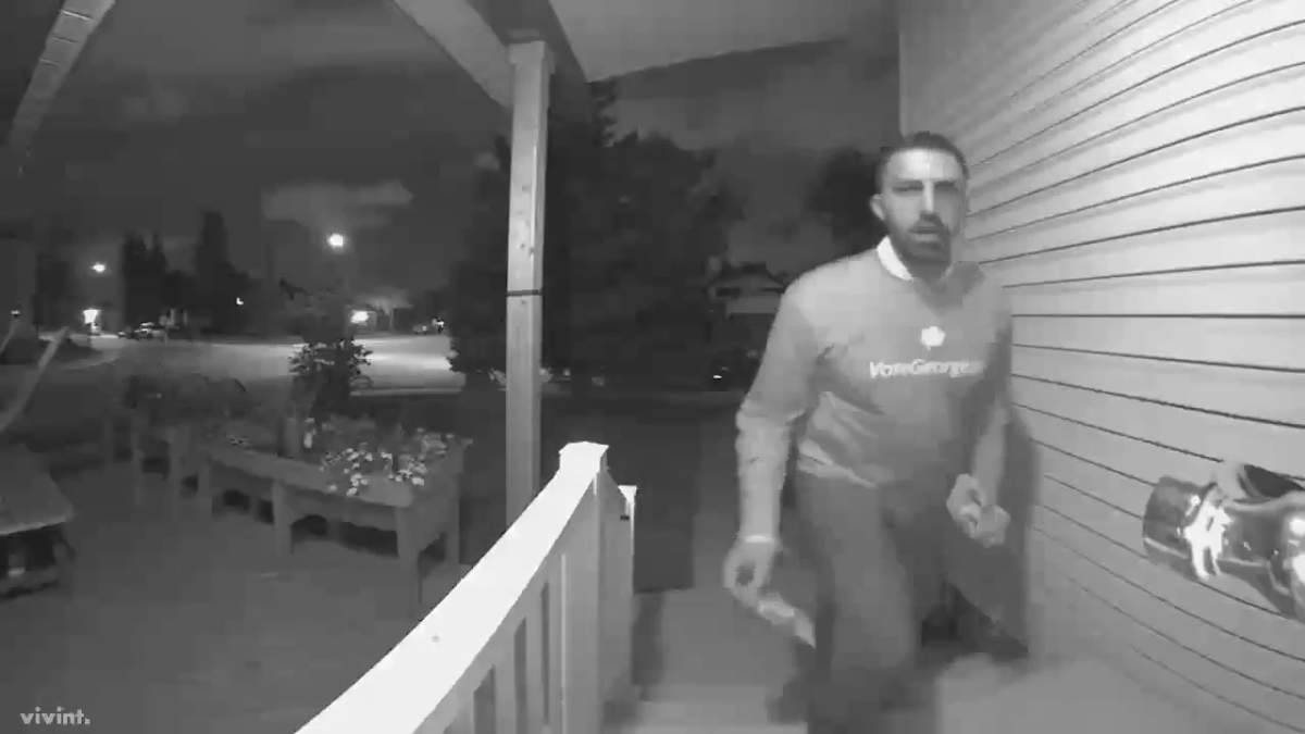 George Chahal is seen in doorbell camera video apparently taking a competing federal election candidate's pamphlet off a constituent's door, and replacing it with one of his own.