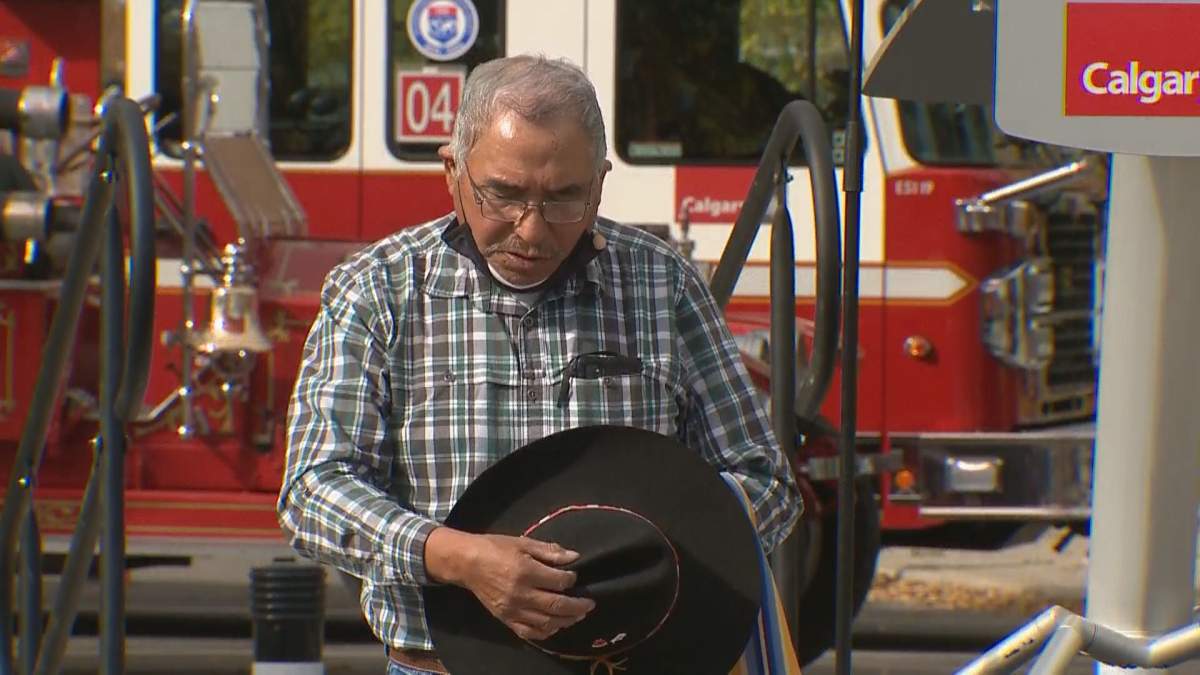 Elder and residential school survivor Clarence Wolfleg says a prayer at Calgary’s first ceremony marking the National Day for Truth and Reconciliation.