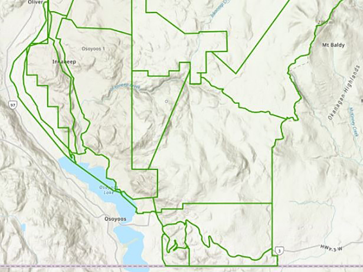 A map showing areas near Osoyoos, B.C., where an evacuation alert was rescinded on Thursday.