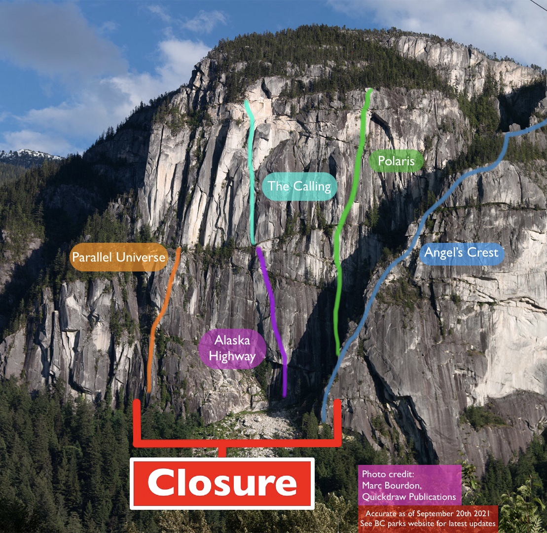 A map on the B.C. Parks website shows all of the climbing route closures in effect on the North Wall, where a rockslide took place on Sept. 20, 2021.