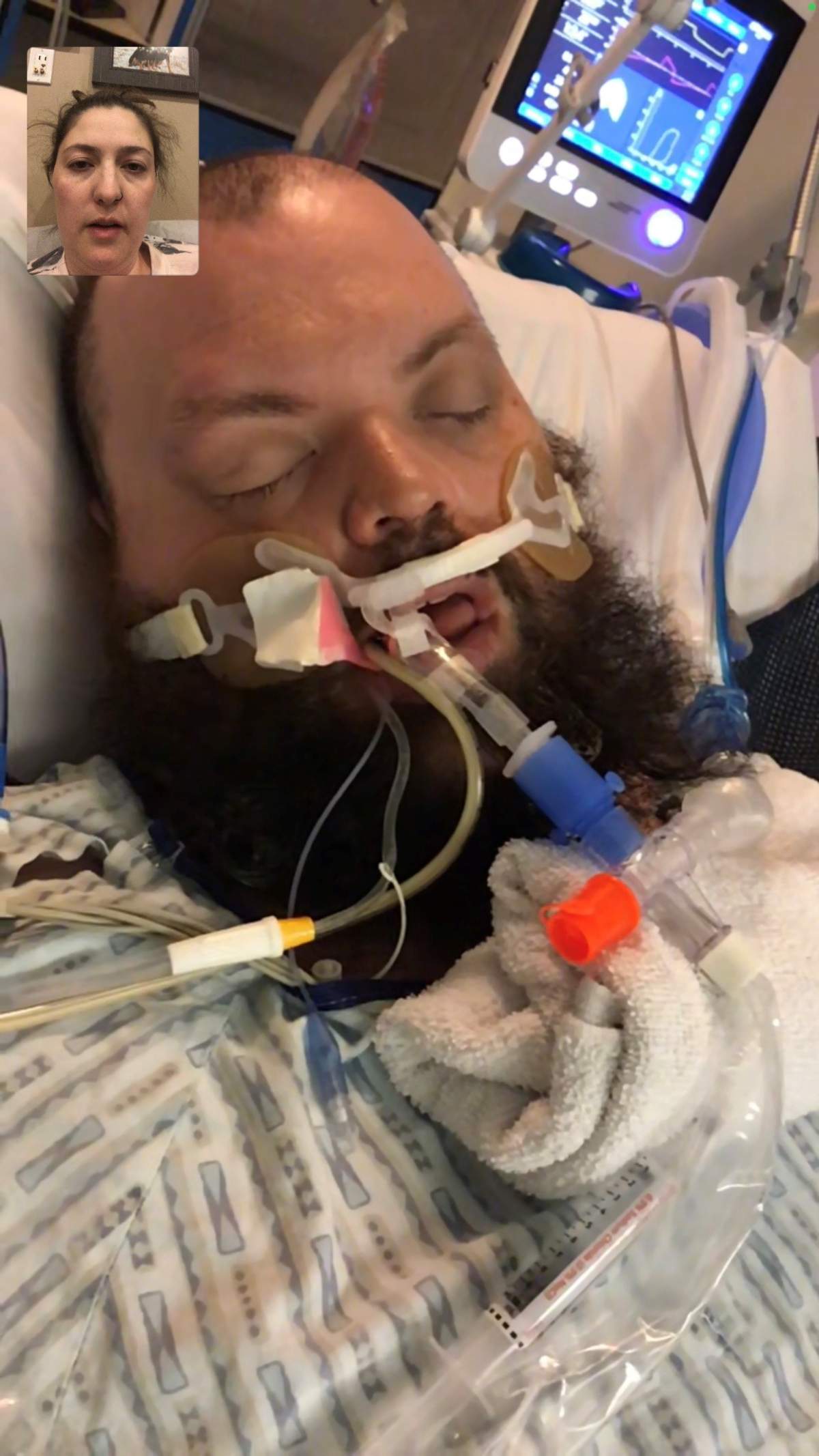 Photo of Kris Isford in Brandon hospital with COVID-19.