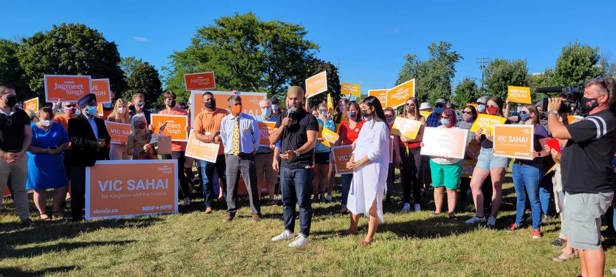 Federal NDP leader, Jagmeet Singh speaks to supporters during a campaign stop in Kingston, Ont. on September 16, 2021.