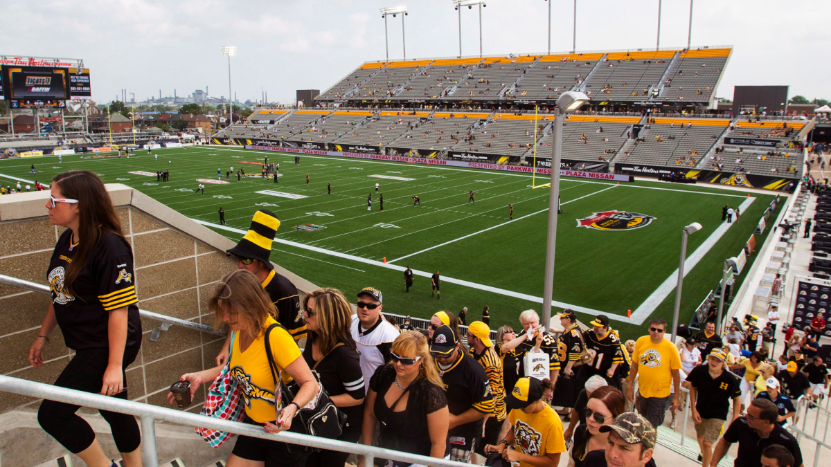 Hamilton Tiger-Cats fans arrive for game at Tim Hortons Field.