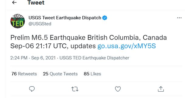 The 
USGS Tweet Earthquake Dispatch
Twitter account sent out this tweet on Monday afternoon. 