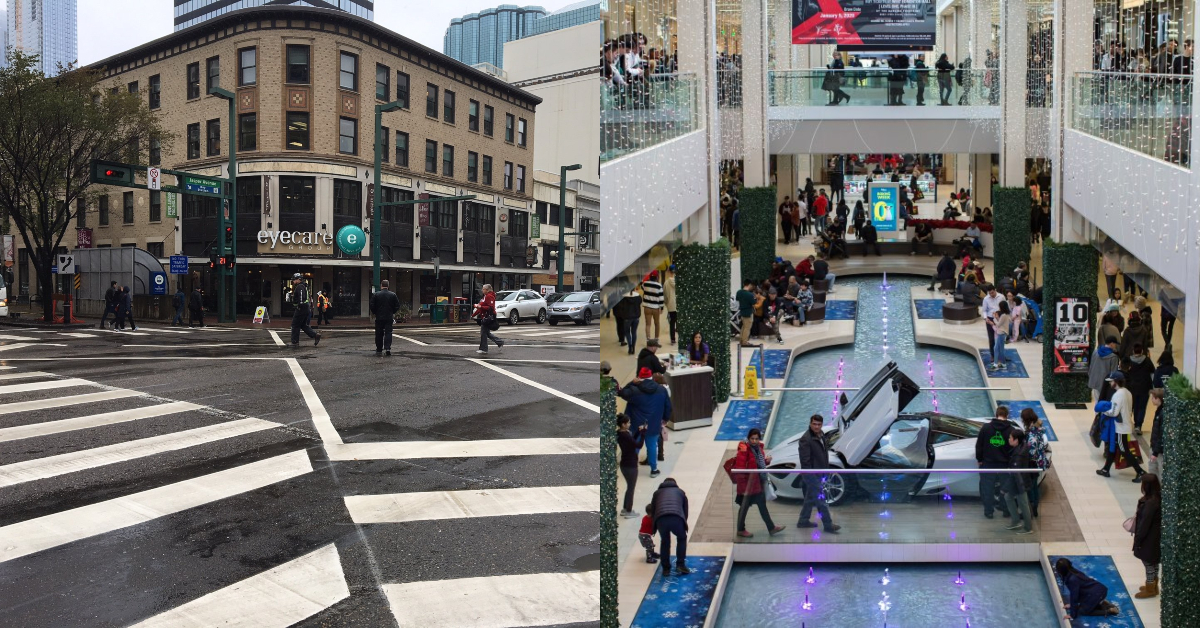Jasper Avenue in downtown Edmonton is seen in 2018 (left) and West Edmonton Mall on Thursday, Dec. 26, 2019 (right).