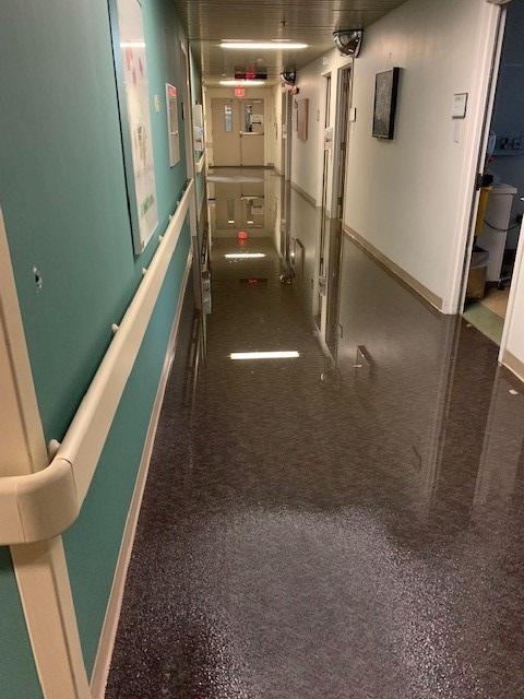 Flooding in the hallway in the London Health Sciences London Regional Cancer Program at Victoria Hospital. 