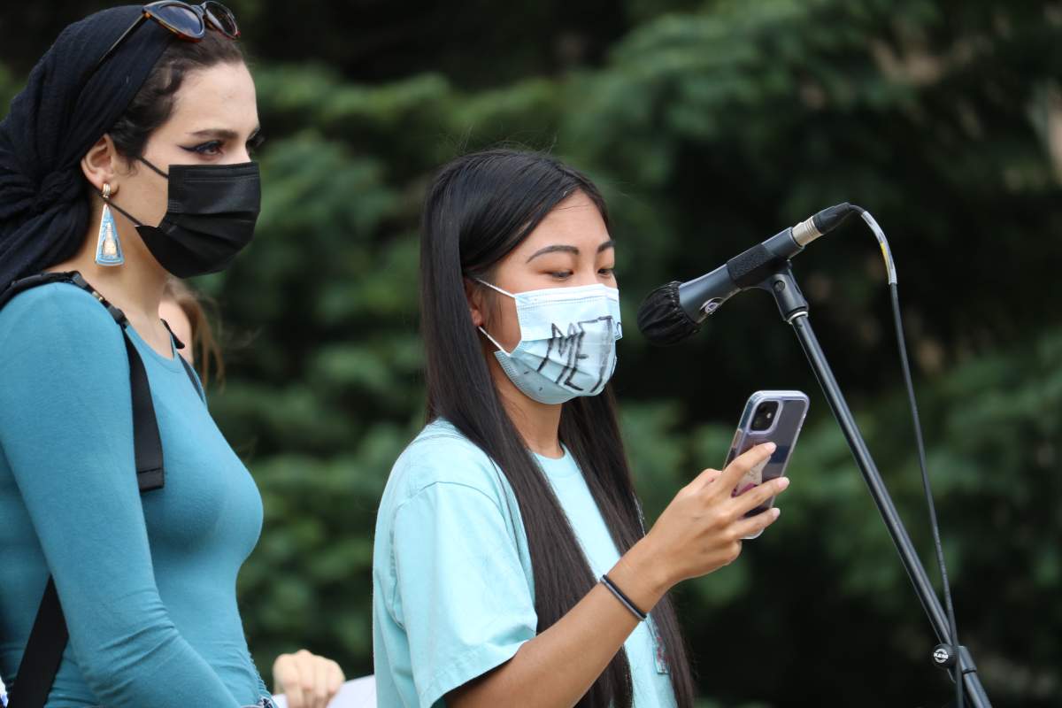 Western Student Teigan Elliott of the Red Zone Reasearch team spoke to the crowed of 9000 people calling out the University for not doing enough on Sep. 17, 2021
